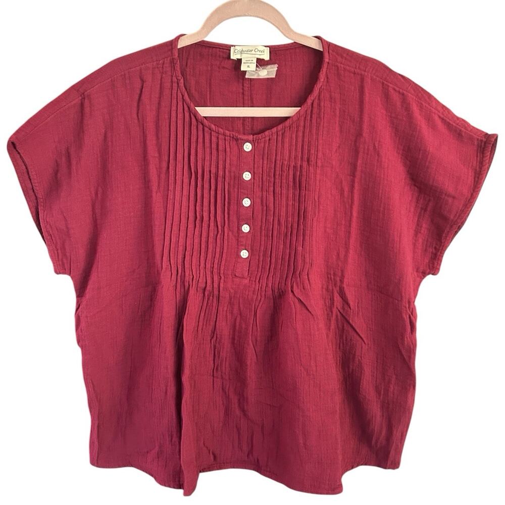 Coldwater Creek XL Summer Breeze Gauze Pintuck Blouse 100% Cotton Burgundy